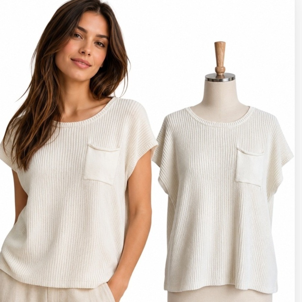 Dokotoo Sweater Top Women XL White Ribbed Knit Short Cap Sleeve Pocket New